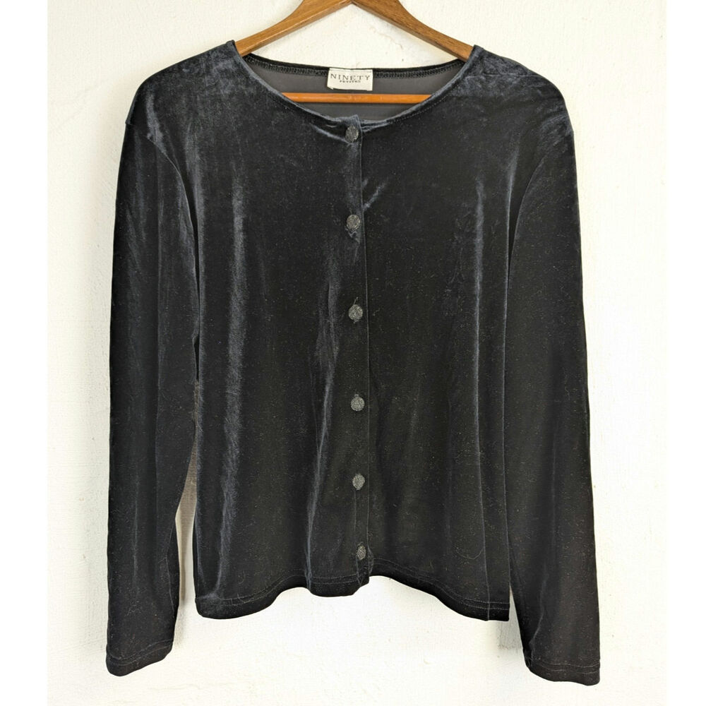 Vtg Velvet Cardigan Black Minimalist Preppy Classic Party Buttons Large Petite